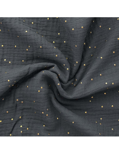 Dark gray double gauze cotton fabric with mini golden dots
