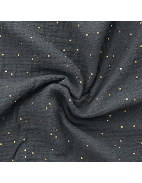 Dark gray double gauze cotton fabric with mini golden dots