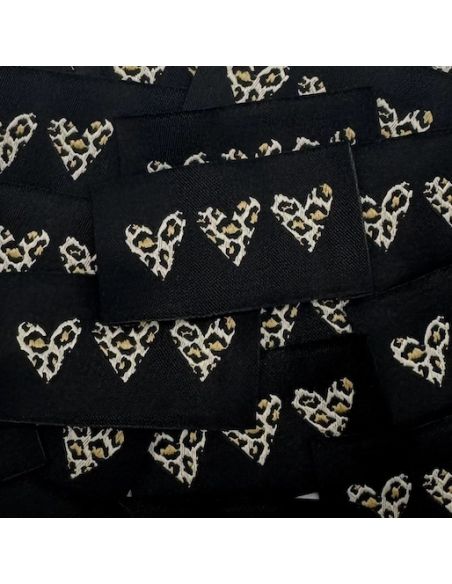 Set of 5 woven sew-on labels - 3 leopard hearts