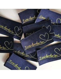 Set of 5 woven sew-on labels "J'irai chercher ton coeur" - Navy