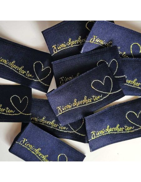 Set of 5 woven sew-on labels "J'irai chercher ton coeur" - Navy