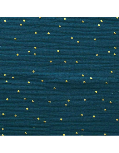 Double gauze cotton fabric with mini golden dots - Peacock