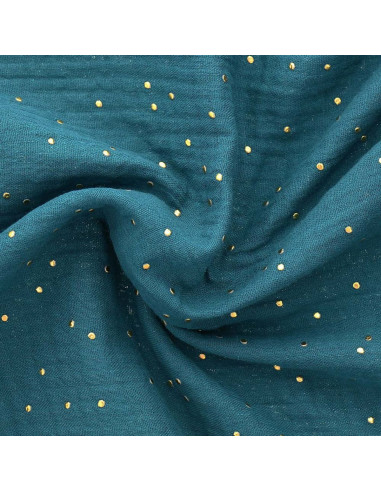 Double gauze cotton fabric with mini golden dots - Peacock
