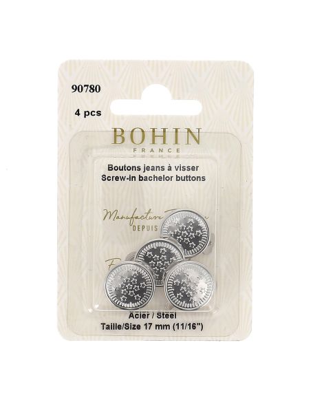 Box of 4 screw-on jean buttons 17 mm silver Bohin