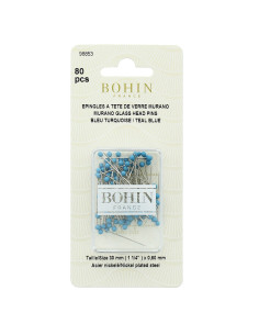 Box of 80 extra-fine pins with Murano glass heads in turquoise blue by Bohin