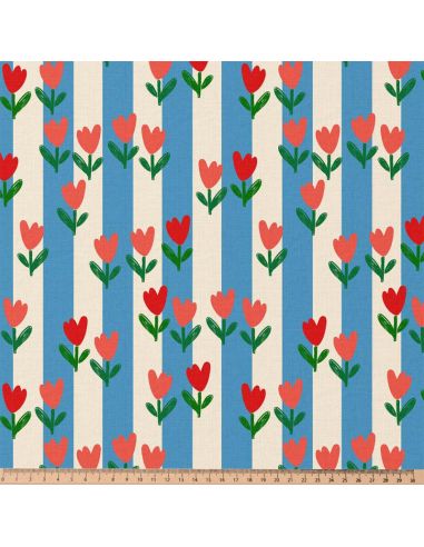 Tissu popeline de coton - Tulip bleu et écru