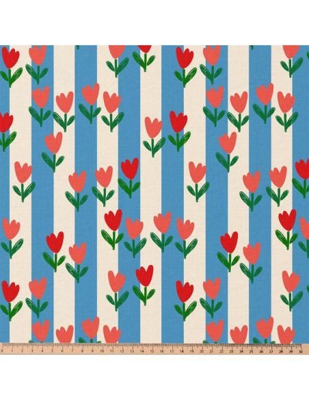 Tissu popeline de coton - Tulip bleu et écru
