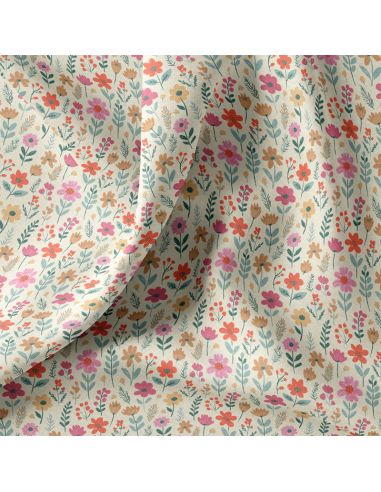 Tissu coton déperlant - Maddy écru et rose