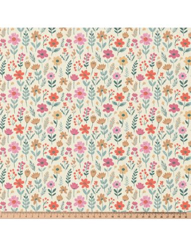 Tissu coton déperlant - Maddy écru et rose