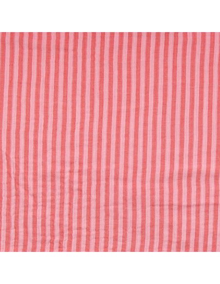 Tissu double gaze gaufrée rayures - Rose et cerise