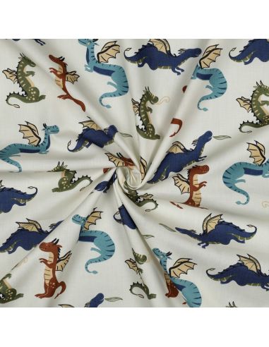 Tissu popeline de coton dragons - Blanc cassé