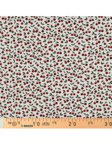Tissu jersey coton maille côtelé - Cerises fond blanc cassé