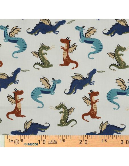 Tissu popeline de coton dragons - Blanc cassé