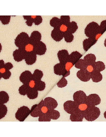 Tissu fourrure Teddy - Grosses fleurs burgundy