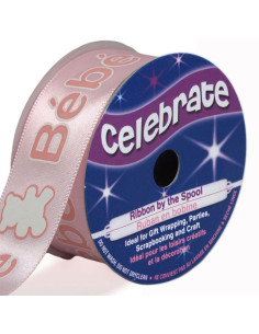 Celebrate pink satin ribbon with baby print - 25 mm x 3 meters