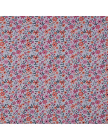 Tissu popeline de coton Cassandre - Fleurs roses et oranges fond bleu clair
