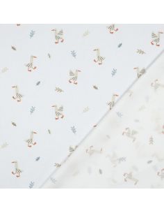 Tissu popeline de coton à la ferme - Oies fond blanc