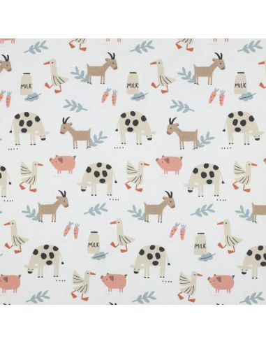 Tissu popeline de coton à la ferme - Animaux fond blanc