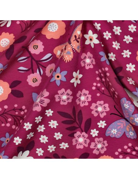 Tissu sweat léger papillon et fleur - Rose fond fuchsia