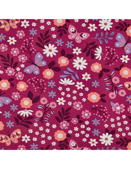 Tissu sweat léger papillon et fleur - Rose fond fuchsia