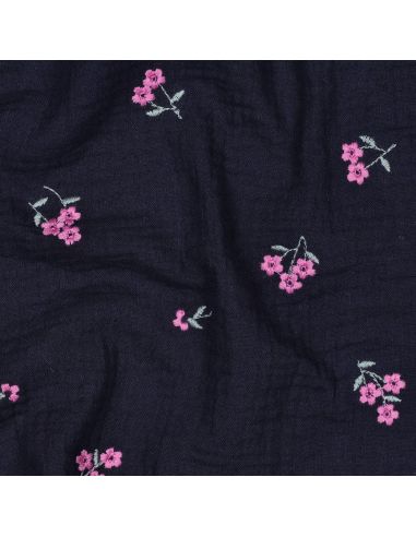 Tissu double gaze de coton brodé fleurs - Bleu marine