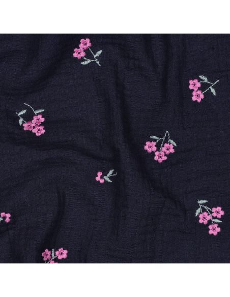 Tissu double gaze de coton brodé fleurs - Bleu marine