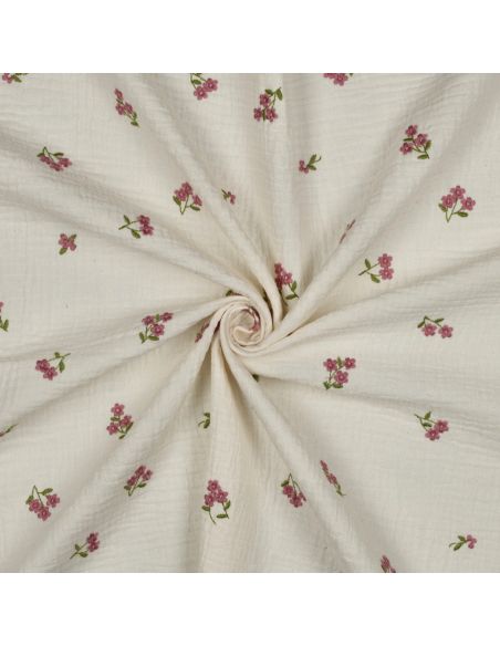 Tissu double gaze de coton brodé fleurs - Naturel