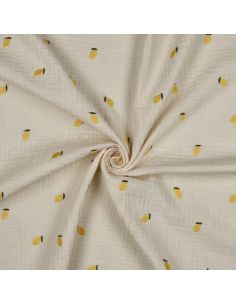 Tissu double gaze de coton brodé citrons - Naturel