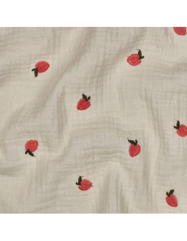 Tissu double gaze de coton brodé pêches - Naturel