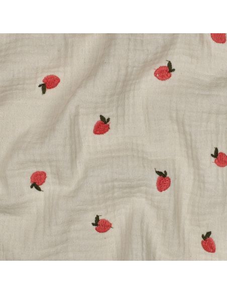 Tissu double gaze de coton brodé pêches - Naturel