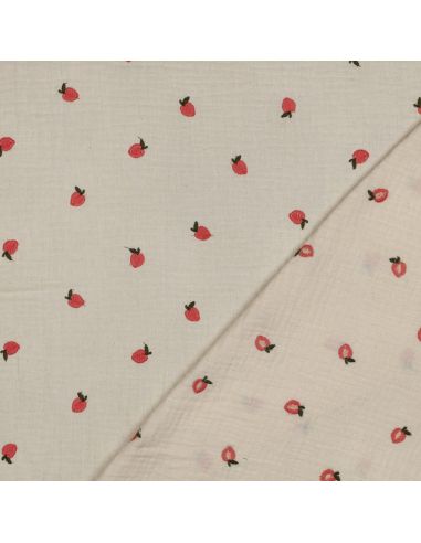 Tissu double gaze de coton brodé pêches - Naturel