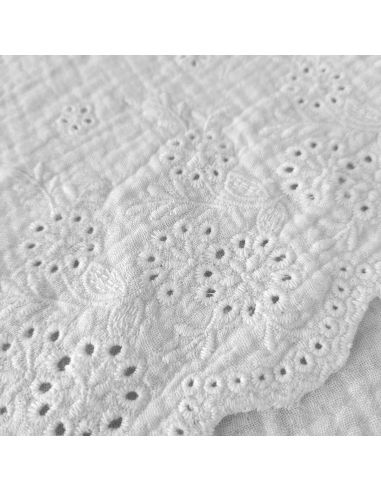 Tissu double gaze broderie anglaise festonnée - Blanc