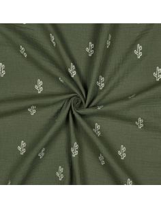 Tissu double gaze de coton brodé cactus - Kaki