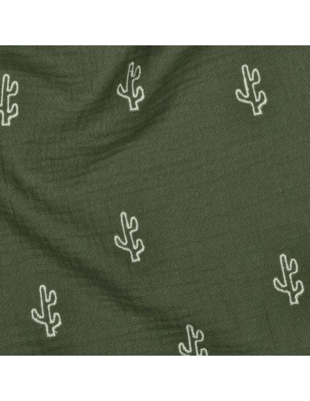 Tissu double gaze de coton brodé cactus - Kaki