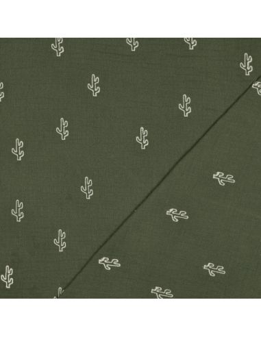 Tissu double gaze de coton brodé cactus - Kaki