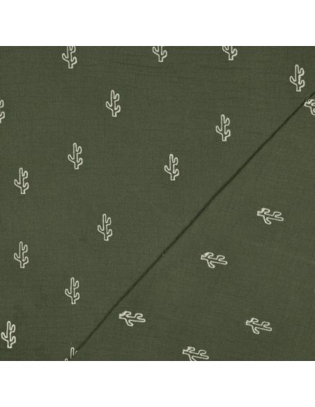 Tissu double gaze de coton brodé cactus - Kaki