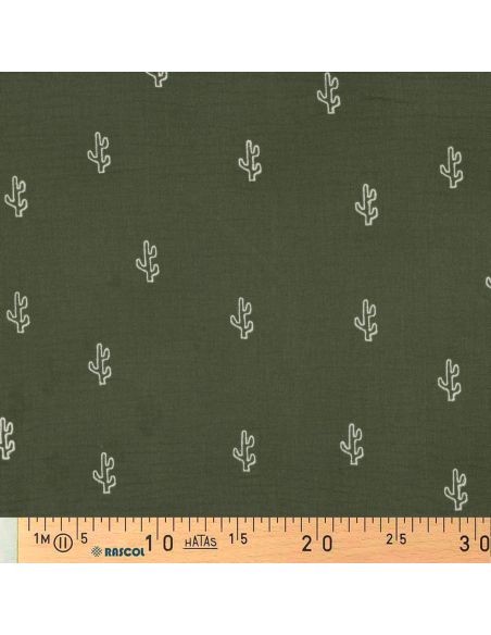 Tissu double gaze de coton brodé cactus - Kaki