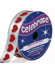 Celebrate white satin ribbon with red heart print - 16 mm x 4 meters