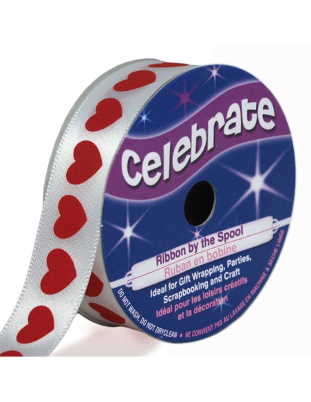 Celebrate white satin ribbon with red heart print - 16 mm x 4 meters
