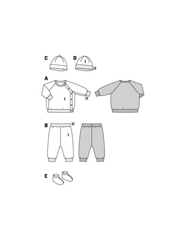 Hat, pants, and sweatshirt jacket pattern - Burda 9315