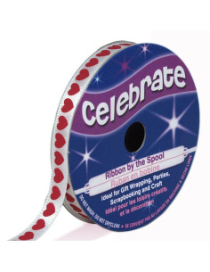 White Celebrate satin ribbon with fuchsia hearts print - 6 mm x 4 meters