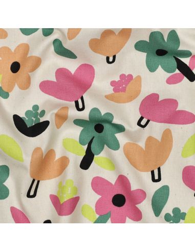 Tissu popeline de coton Jennifer Bouron - Fleurs rose sur fond naturel