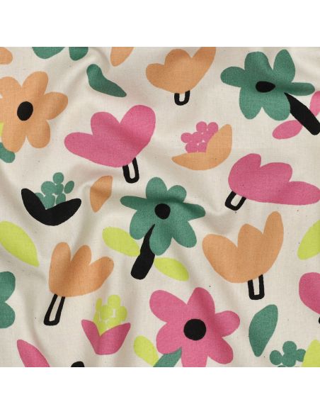 Tissu popeline de coton Jennifer Bouron - Fleurs rose sur fond naturel
