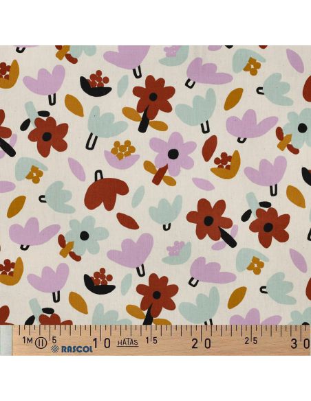 Tissu popeline de coton Jennifer Bouron - Fleurs marron sur fond naturel