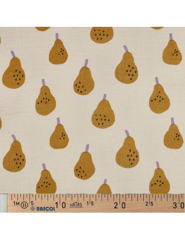 Tissu double gaze imprimé Jennifer Bouron - Poires ocre sur fond naurel