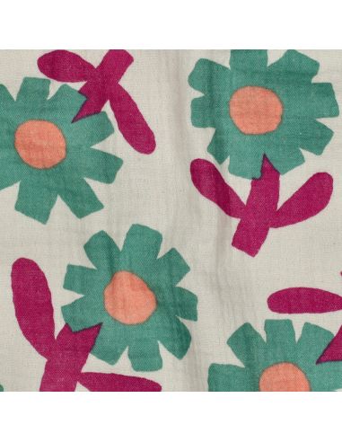 Tissu double gaze imprimé Jennifer Bouron - Fleurs vertes sur fond naturel