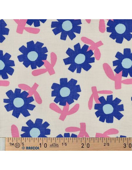 Tissu double gaze imprimé Jennifer Bouron - Fleurs bleues sur fond naturel