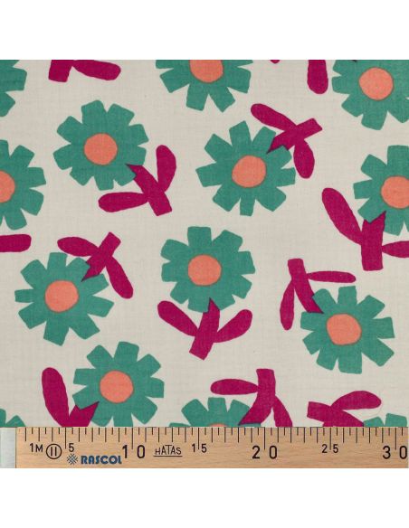 Tissu double gaze imprimé Jennifer Bouron - Fleurs vertes sur fond naturel