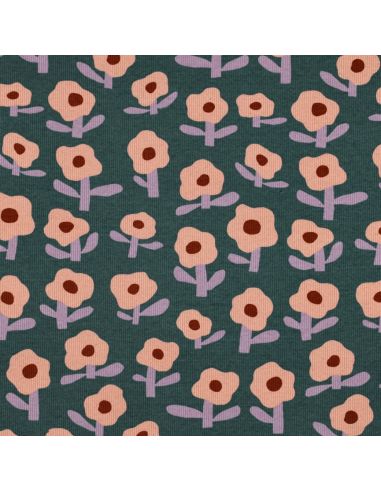 Tissu jersey coton maille côtelé Jennifer Bouron - Fleurs pêche sur fond vert