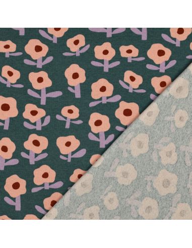 Tissu jersey coton maille côtelé Jennifer Bouron - Fleurs pêche sur fond vert